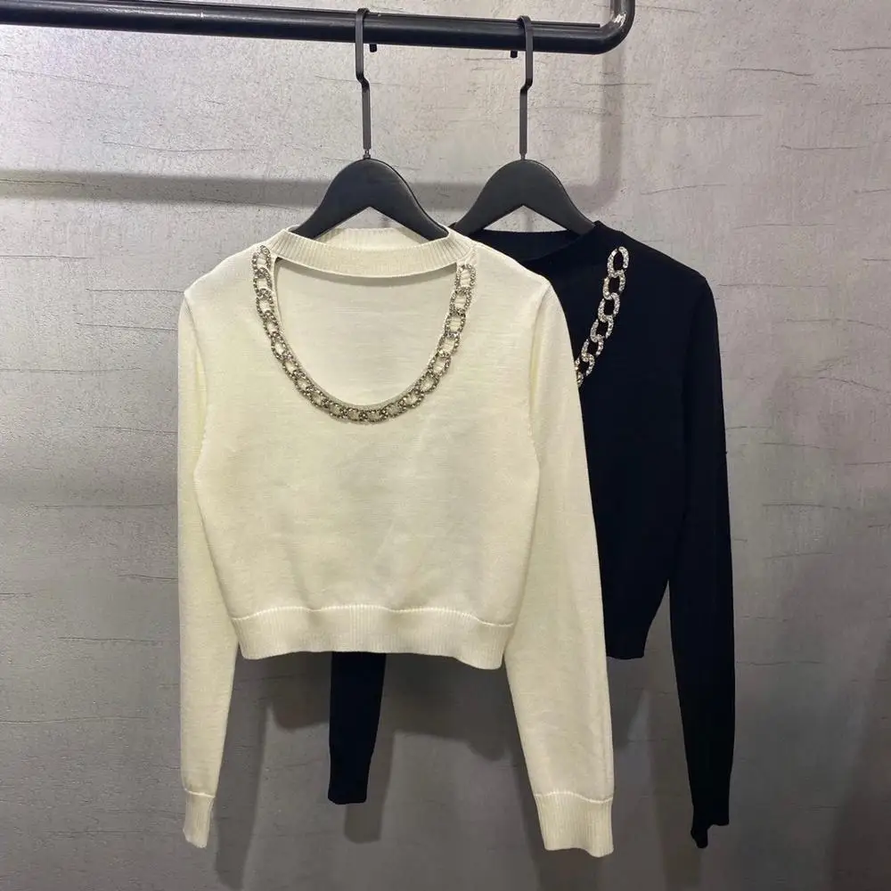 

New 2021FW Fashion Women Diamonds Chains Knitted Bottoming Sweater Female Casual Pullover Jumpers 2 Color Ddxgz2
