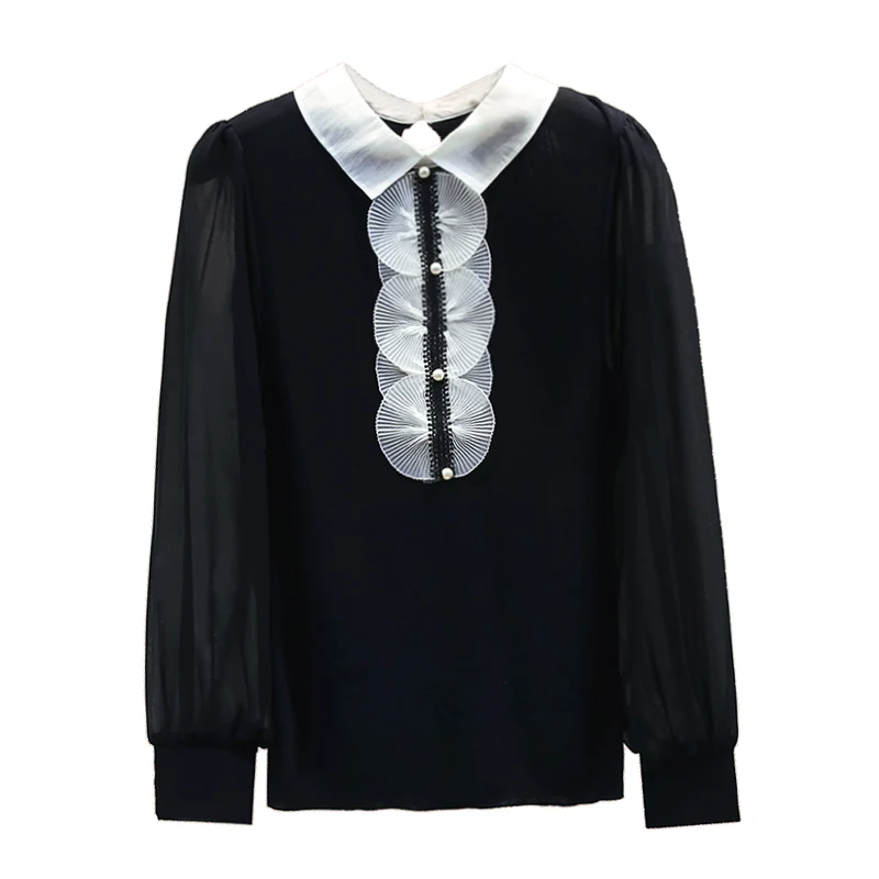 

Autumn New Cloth Woman Cool Knitted Tops Long Sleeved Casual Chiffon Sleeve Patch Knit Shirt Lady Chic Tops Blusas Blouse