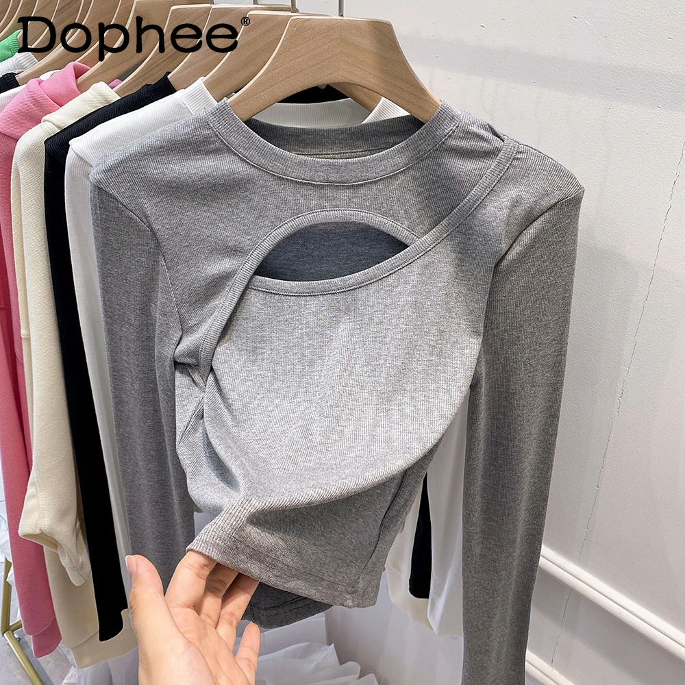 

Elegant Long-Sleeved Knitted T-shirt for Women 2021 Autumn Fashion Clothing Sexy Hollow Short Bottoming Shirt Slimming Y2k Tops