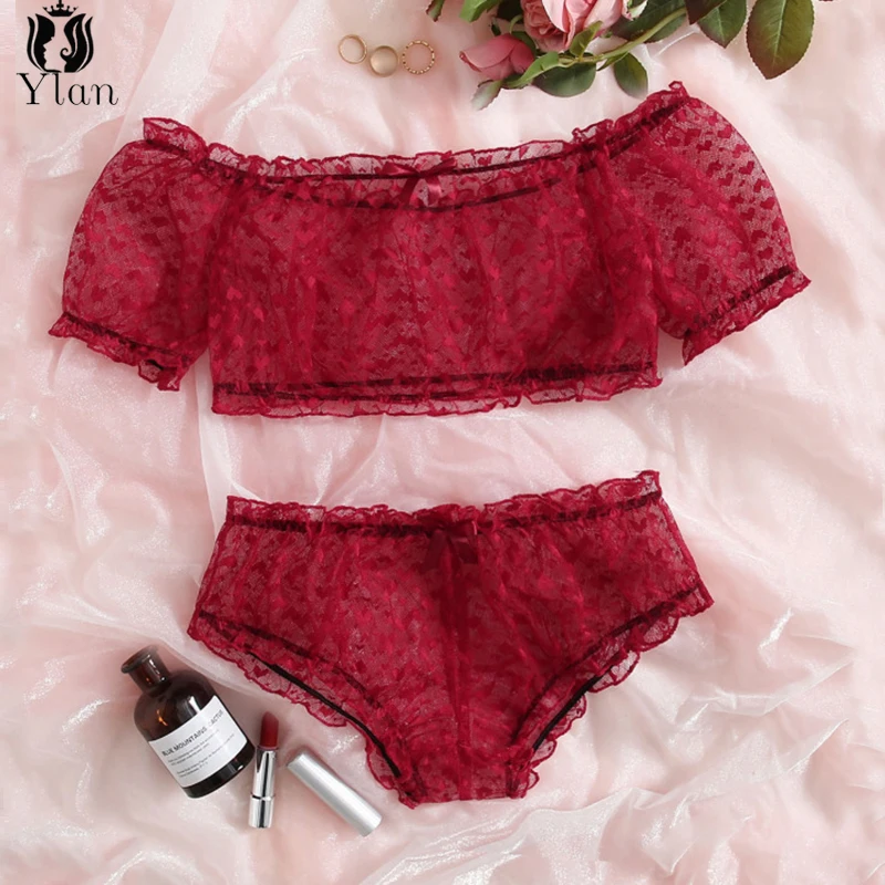 

New 2Pcs Women Lingerie Set Sexy Sheer Love Print Off-Shoulder Perspective Mesh Crop Top Tie-Waist Panties Date Night Underwear