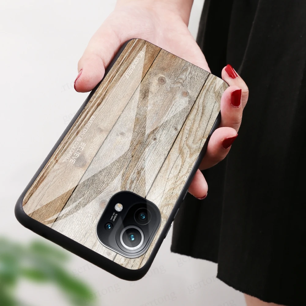 

Wood Grain Tempered Glass Phone Case For Redmi Note 10 K 40 Pro Max Tempered Glass Cases For Xiaomi Mi 11 Protective Back Cover
