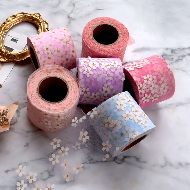 

6cm Gold Stamping Small Plum Blossom Tulle Daisy Mesh Roll DIY Craft Birthday Party Supplies Wedding Decoration 25Yards