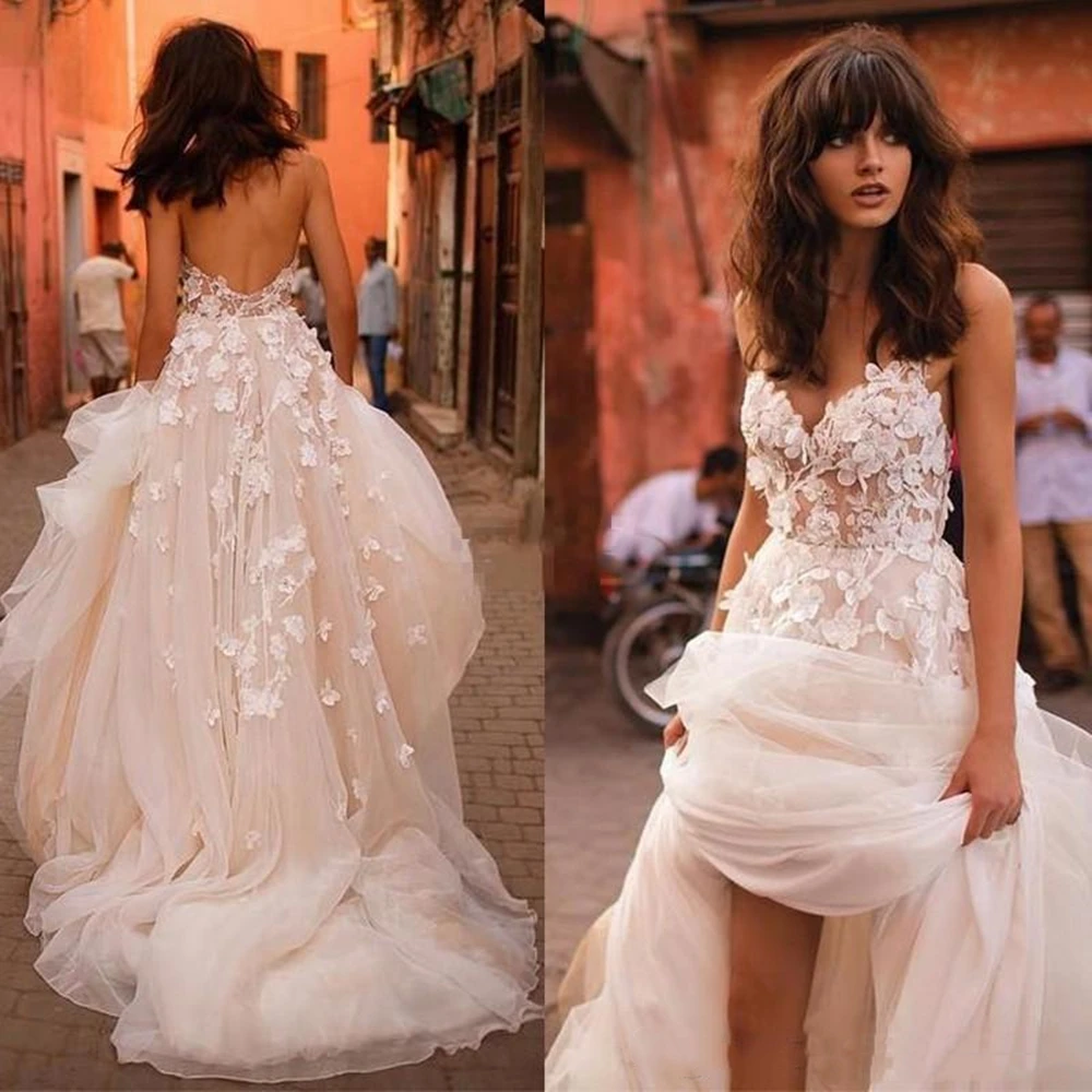 

Tulle Sweetheart High Low Champagne Wedding Dresses With Low Back vestido de noiva manga comprida vestido para casamento