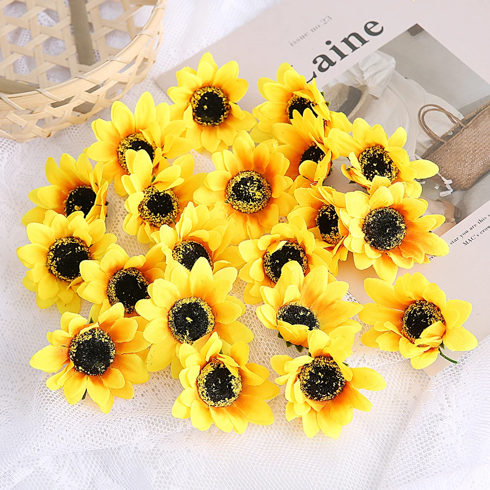 10Pcs Mini Silk Sunflower Artificial Daisy Flower Head For Wedding Party Decorations DIY Scrapbooking Wreath Crafts Fake Flowers