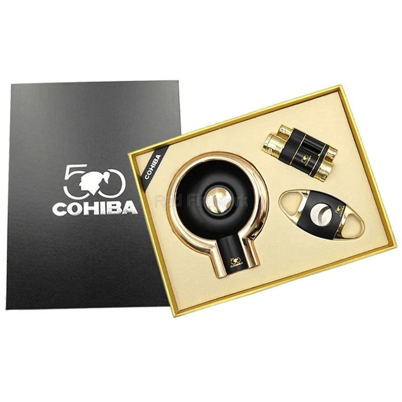 Золотой COHIBA сигарный костюм с пепельницей и сигары резак ножницы и прикуриватель, портативный дорожный сигарный набор - Цвет: Золотой
