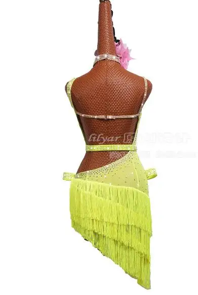 

New dance clothes Latin Dance Dress Yellow Fringe Sexy Backless Salsa Dress ChaCha Rumba Competition Dancing Dress Women B