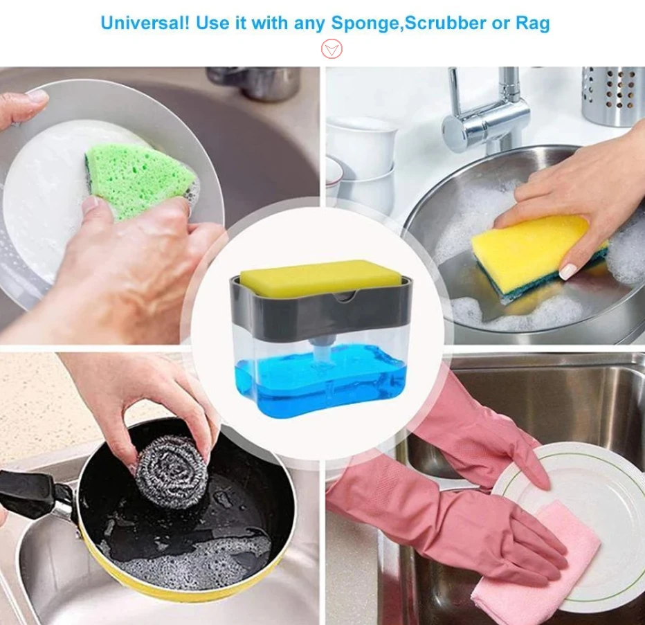 

Soap Pump Dispenser with Sponge Holder Cleaning Liquid Dispenser Container Manual Press Soap Organizer Kitchen Cleaner Tool