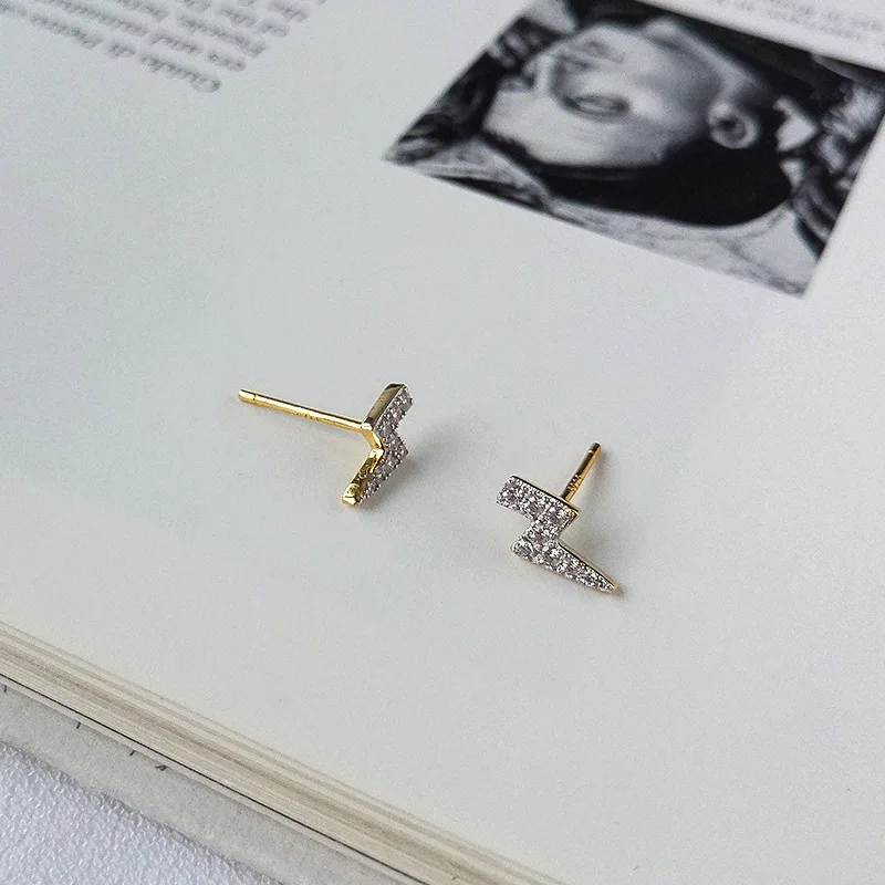ElfoPlataSi Genuine 925 Sterling Silver Minimalist Gold Lightning Dazzling CZ Stud Earring For Women Fine Jewelry Brincos DS1812 | Украшения
