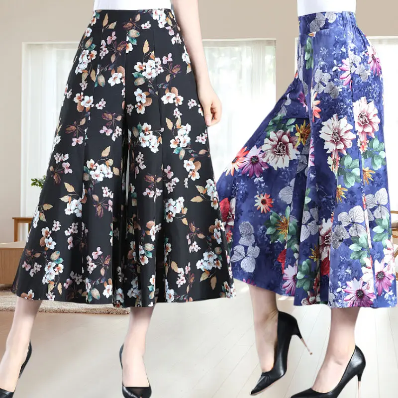 

2021 Women Spring Summer Vintage Print Pants Ladies Elastic High Waist Casual Wide Leg Trousers Female Loose Plus Size Pant I648