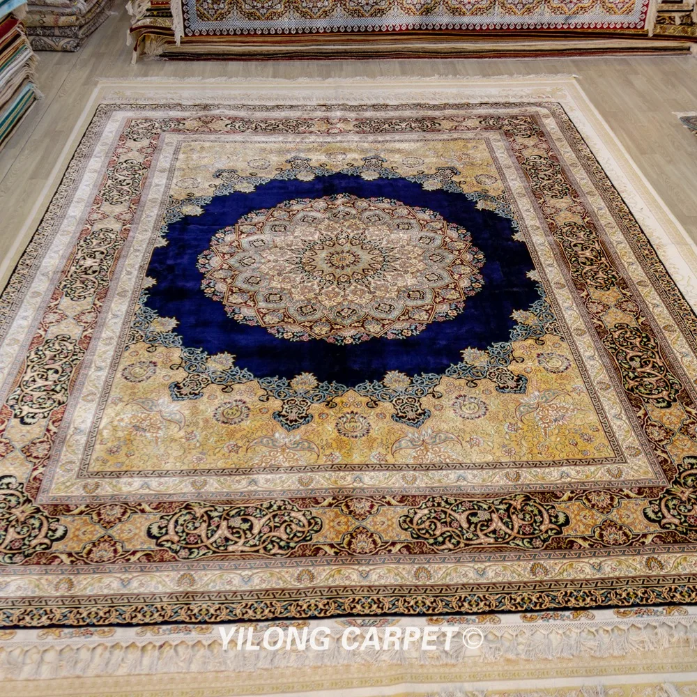 Goedkoop Yilong 9 'X 12.14' Qum Zijde Kleed Grote Blauwe Handgemaakte Perzische Zijden Tapijt Dubbele Knopen (ZQG423)