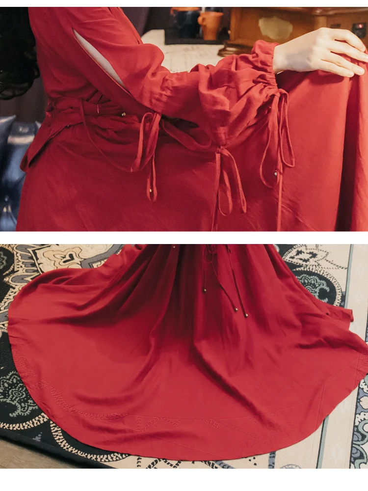YOSIMI Maxi Chiffon Red Long Women Dress Bohemian V-neck Lantern Sleeve Full Sleeve Ankle-lenght Female Dress with Sashes