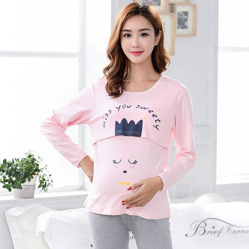 Женская пижама для беременных на весну и осень кормящих мам с мультяшными