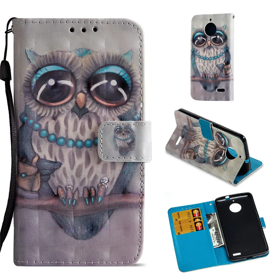 luxury leather flip case for motorola moto c g5s plus e4 g5 play owl skull pony flower cover stand phone case capa p03e free global shipping