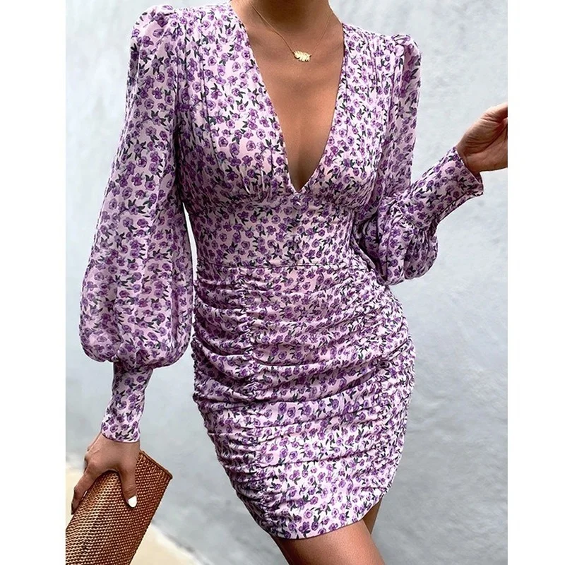 

2021 Summer New Fashion Bodycon Dresses Women High Waist Print Sexy V Neck Autumn Elegant Slim Long Sleeve Party Dress Plus Size
