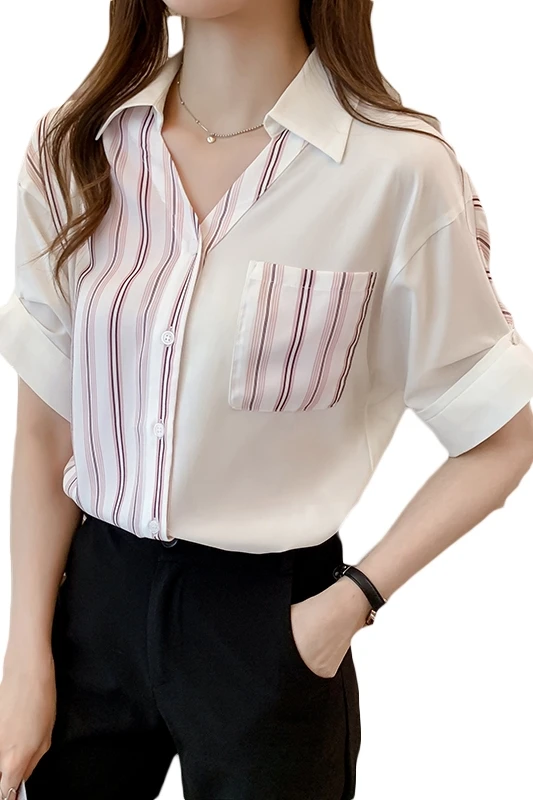 

COIGARSAM 3XL Plus Size Striped Shirt Womens tops New Summer Loose Patchwork Women shirts Pink 222