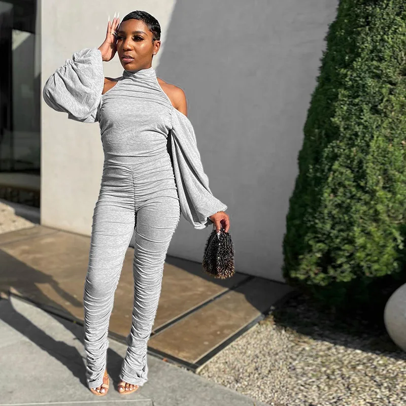 

Solid Stacked Puff Sleeve Autumn Women Jumpsuit Autumn Street Activity Stretchy Rompers Skinny Full Length Overalls Tracksuit