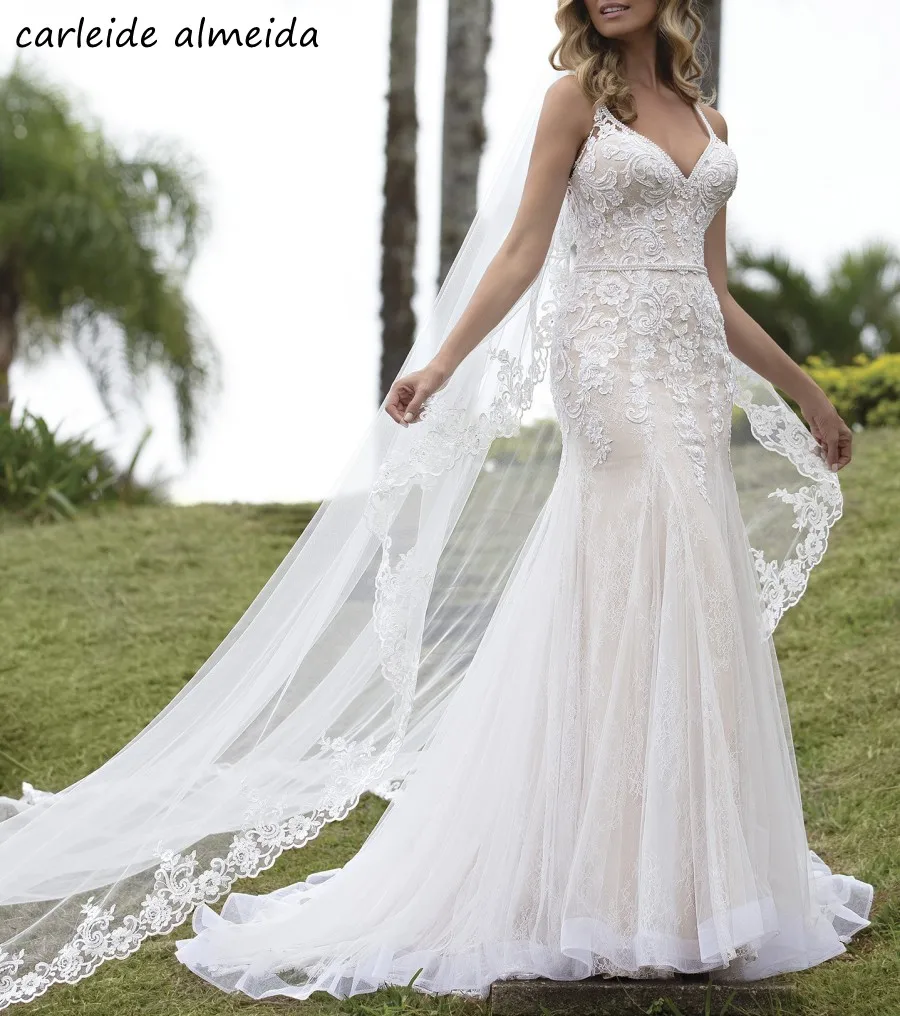 

Vestido de casamento Spaghetti Straps Mermaid Lace Wedding Dress Lace Appliques & Pearls Abito da sposa