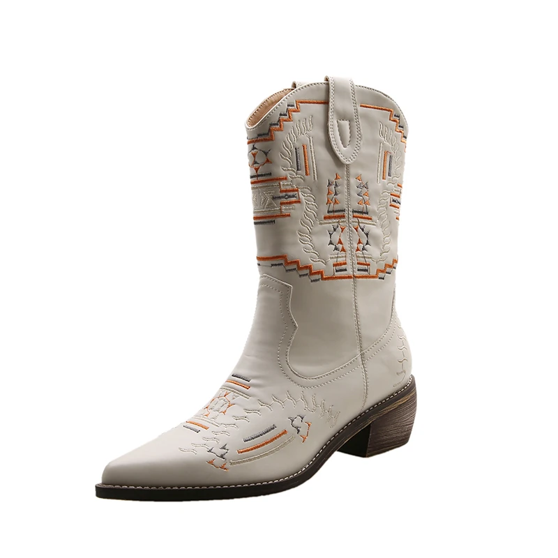 

LSPU 2021 Embroider Women Boots Med Heels Retro Knight Boots Female Genuine Leather Botas Western Cowboy Sale Boots