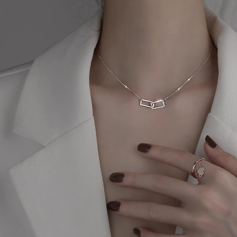 

Paperclip Geometric Square Cubic Zirconia 925 Sterling Silver Clavicle Chain Necklace For Women Simple Luxury Jewelry Dainty