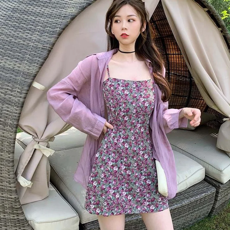 

Jlong Korean Sling Dress Women Sweet Floral Print Sleeveless Dresses Female Mini Dress Vestido