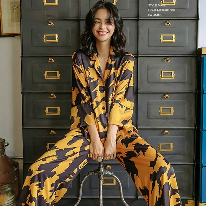 

2021 New silk pajamas sets ladies fashion spring autumn outside long-sleeved trousers Pants Lounge Nightwear night dress Women