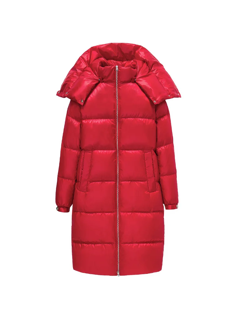 Зимняя Красная двухслойная куртка пуховик с воротником шарфом Женская длинная