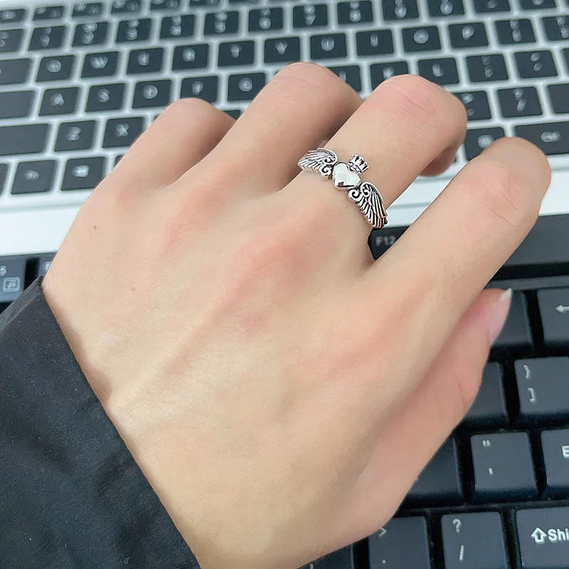 

Vintage Silver Color Angel Wings Metal Rings for Women Punk Geometric Heart Joint Ring Fashion Gothic Jewelry Accessories