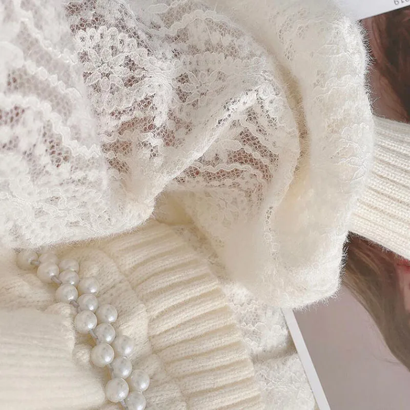 

Lace Patchwork Knitted Dress Women 2021 New Autumn Elegant Slim A-Line Dresses Vestidos Puff Sleeve O-Neck Ladies Long Dress