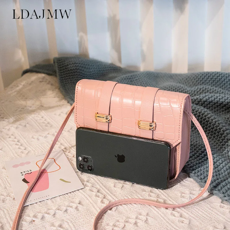 

New Solid Color Crocodile Pattern One Shoulder Messenger Bag Fashion Simple Crossbody Small Square Bags Leather Phone Satchel