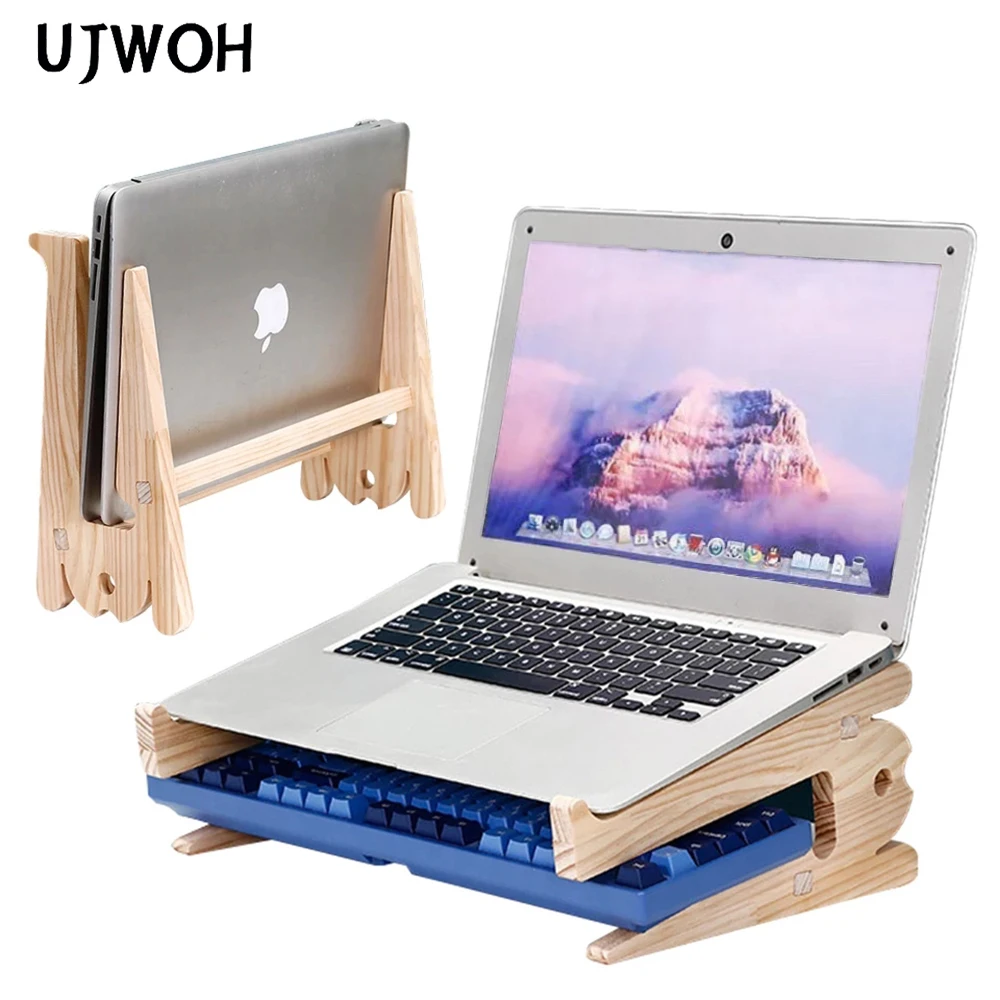 

UJWOH Universal Wood Laptop Stand For Desk Macbook Air Pro 13 15 Storage Detachable Wooden Notebook Holder Accessories