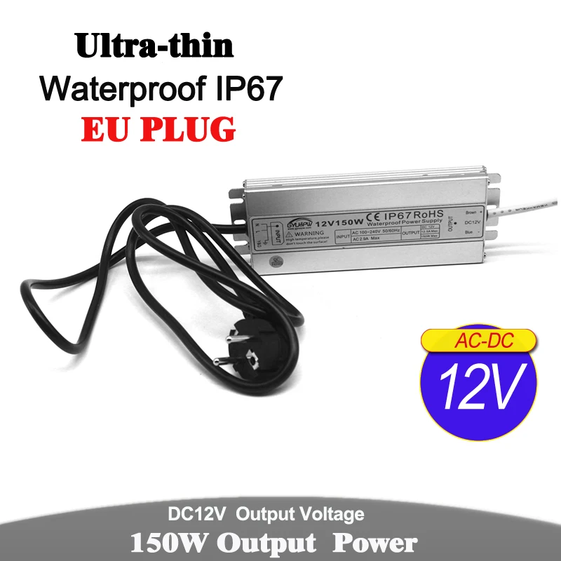 IP67 источник питания DC12V DC24V 60 Вт 72 100 120 150 штепсельная вилка европейского стандарта