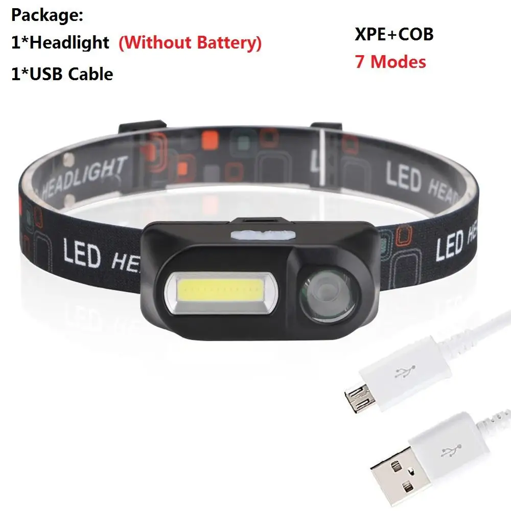 Without Battery Sanyi COB XPE светодиодный мини-налобный фонарь с 7 режимами usb для зарядки, фонарь для кемпинга, охотничий фронтальный Головной фонарь с аккумулятором 18650 - Испускаемый цвет: Without Battery