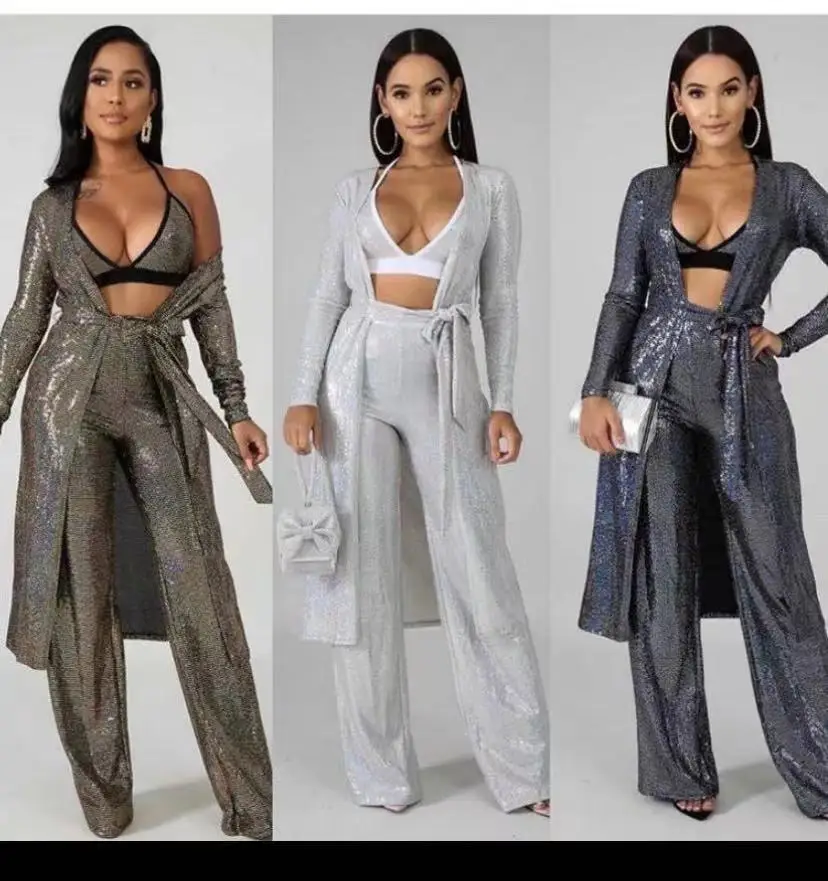 3 шт. Женский однотонный комплект бикини с блестками и длинным рукавом |