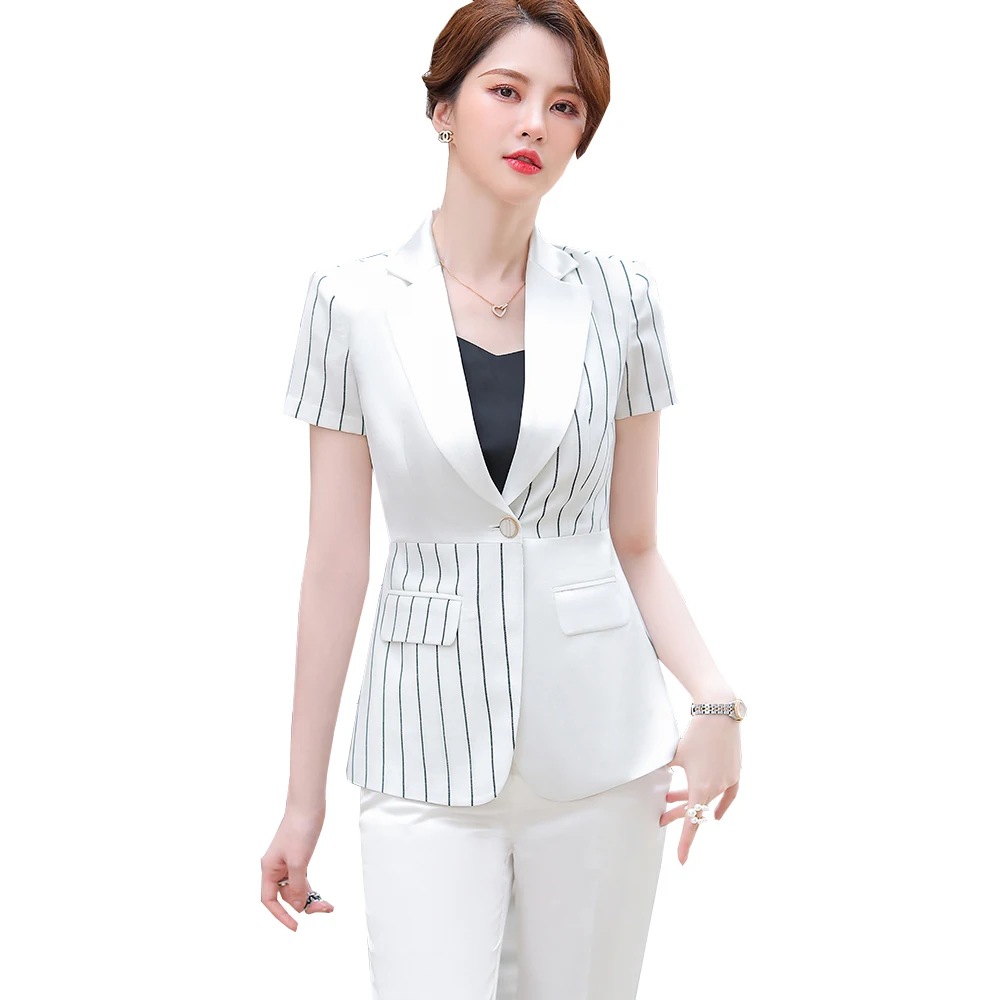 

Fashion Black White Striped Summer Women Pant Suit Short Sleeve Office Ladies Formal Work Blazer and Trouser S-5XL Two Piece Set