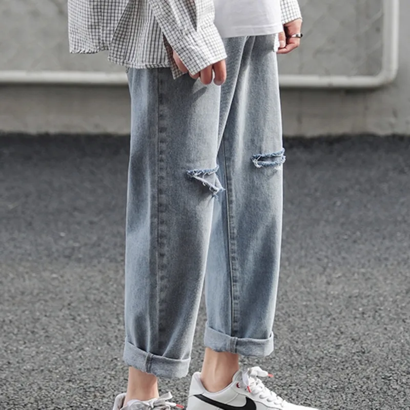 

Ripped Jeans Men's Fashion Washed Retro Casual Hole Jeans Pants Men Streetwear Wild Loose Hip Hop Denim Trousers Mens S-2XL