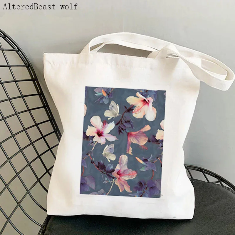 

Женская сумка-шоппер с бабочками и цветами гибискуса, холщовая сумка-шоппер для покупок в стиле Харадзюку, женская сумка-тоут