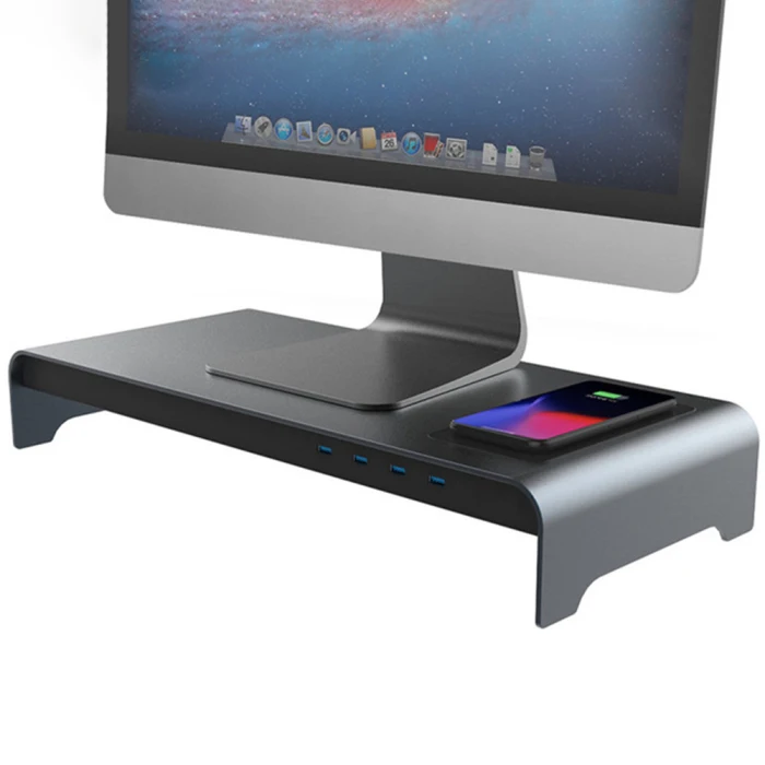Aluminum Monitor Stand with USB 3.0 Desk HUB Extension and wirless charge Metal Riser Support Transfer Data and Charging