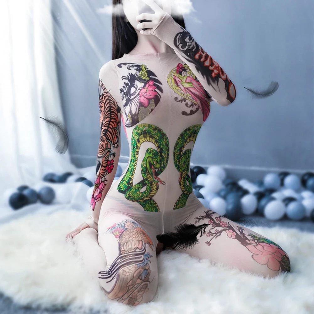 

Новое Прозрачное нижнее белье с открытой промежностью, винтажные пикантные колготки с татуировками в японском стиле, боди, чулки для женщин...