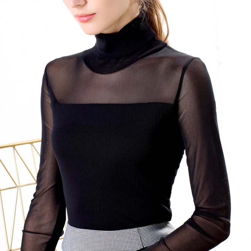 Осень-зима 2019 водолазка с длинными рукавами блузка белая или черная сетка