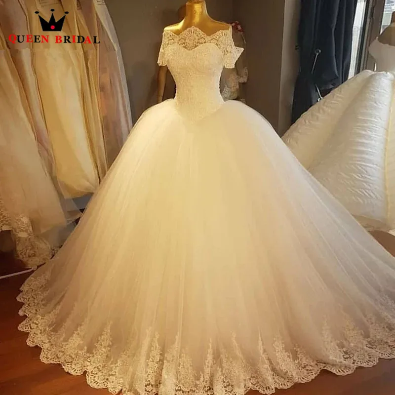 

Short Sleeve Ball Gown Wedding Dress Tulle Lace Beading Sequins Luxury Bride Dresses Real Photos DJ01M