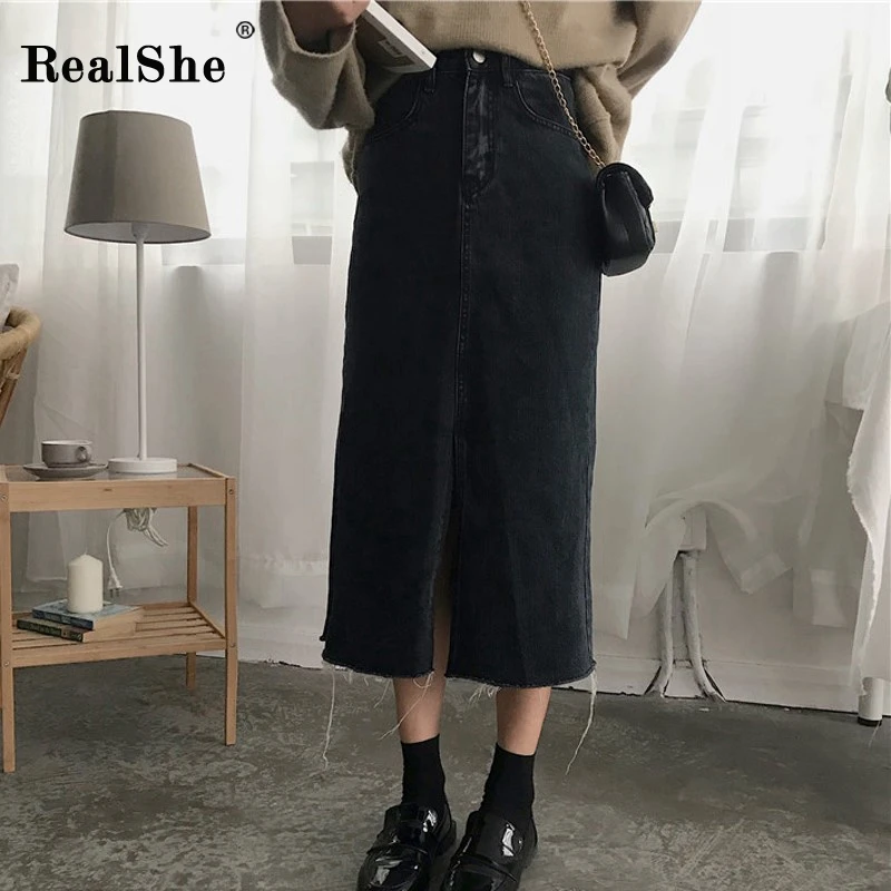 RealShe джинсовая юбка женская высокая талия на молнии с разрезом однотонная черная