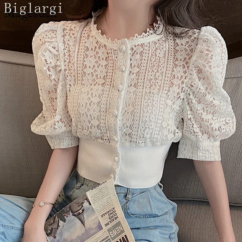 

Женская кружевная блузка с коротким рукавом, элегантная винтажная блузка в Корейском стиле, лето 2022