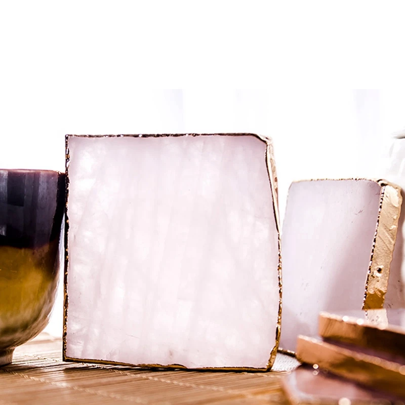 

2Pcs Agate Slice Pink Agate Coaster Teacup Tray Decorative Design Stone Coaster Gold Edges Home Decor Gemstone Coaster Natural C