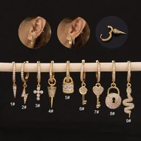 1pc stainless steel key snake stud earrings for women zircon lock cross lightning piercing ear cuf fashion jewelry accessories