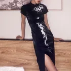 Черное сексуальное вечернее платье для вечеринки, длинное платье в готическом стиле, традиционное платье Ципао с вышивкой в виде дракона, китайский с воротником-стойкой