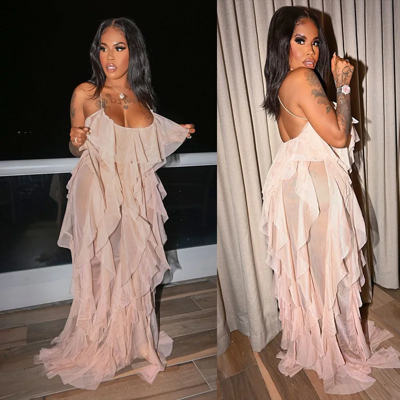 2021 sexy mesh beach maxi dresses women spaghetti strap ruffle robe swimwear summer new fashion backless swimsuit cover up free global shipping