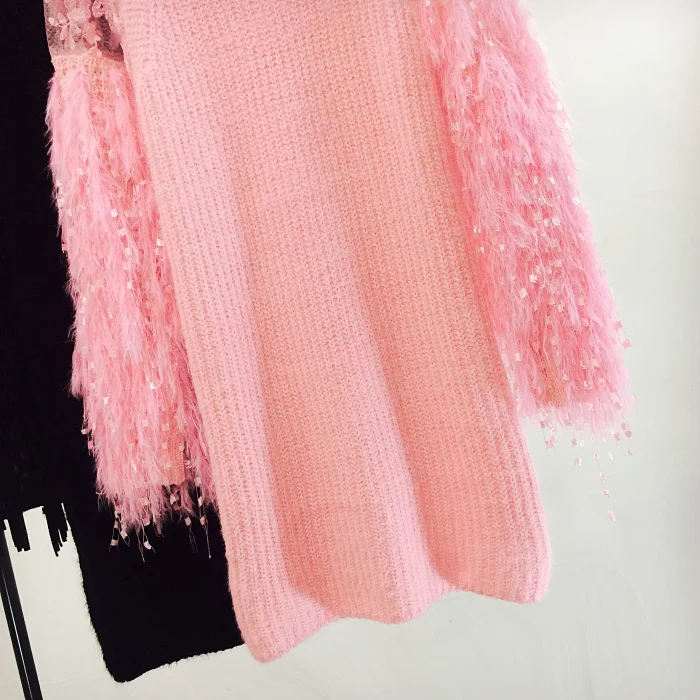 2019 new lace stitching perspective fringed sleeve sweater Lantern skirt long coat tide | Женская одежда