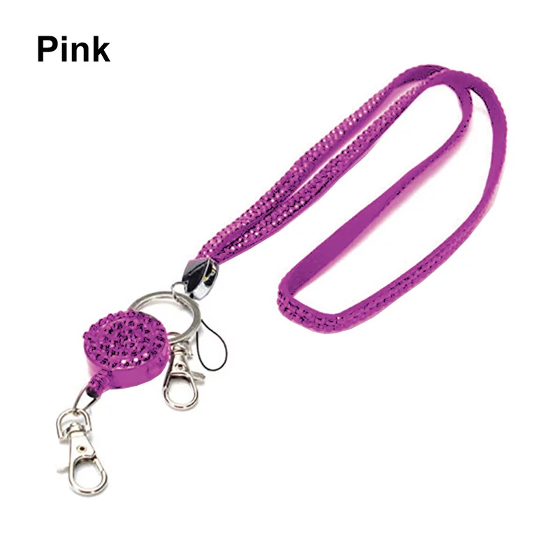 Новинка Bling Rhinestone ремешок выдвижной ремешок ID телефон Веревка значок брелок ожерелье Свитер Цепочка для женщин Девушка ювелирные изделия - Цвет: Розовый