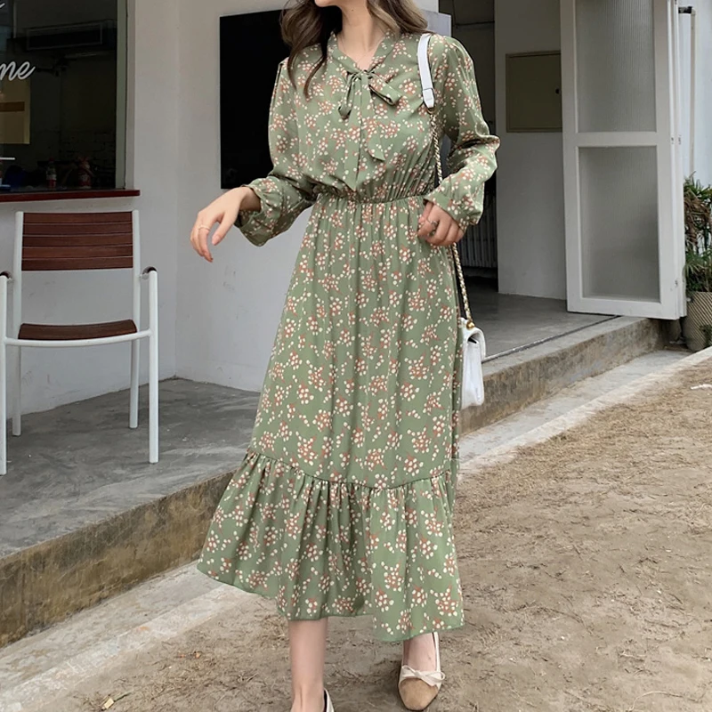 Женское платье с длинным рукавом шифоновое платье-трапеция высокой талией