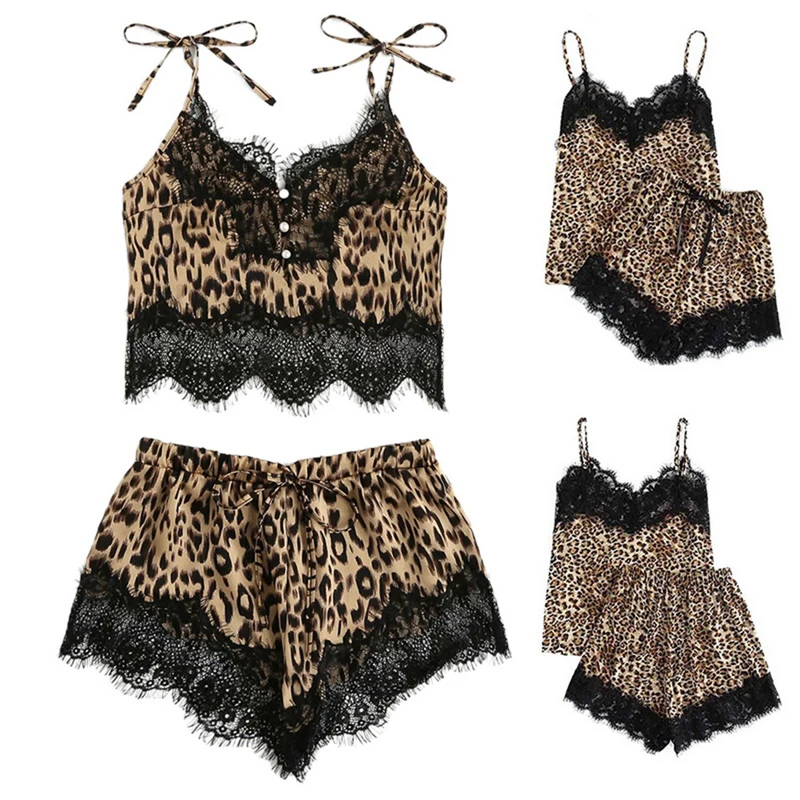 

Sexy Sleepwear Set Sling Sleepwear Lingerie Lace Leopard Print Underwear And Shorts Pajama Set Bayan Gecelikler 2021
